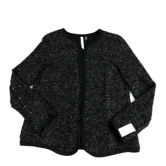 NY Collection Black Collarless Open Front Sequined Boucle Blazer Women Large NWT - Picture 6 of 9